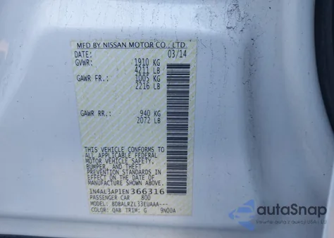 2014 Nissan Altima 2.5 S from USA, damaged, VIN 1N4AL3AP1EN366316